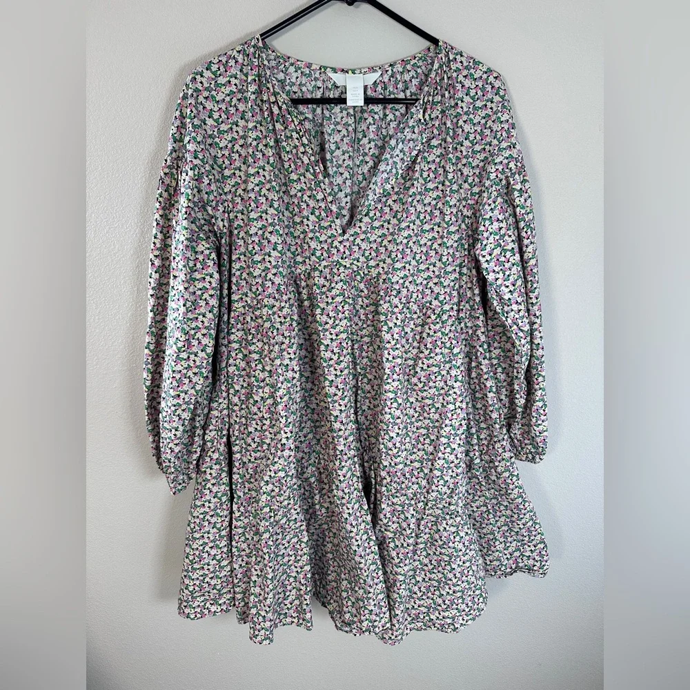 H&M Conscious Floral A-LINE COTTON Dress Floral Puff Sleeve size small - Picture 4 of 9
